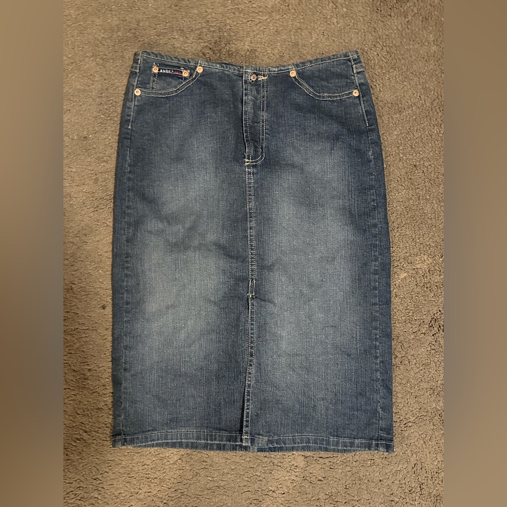 Angel Jeans Y2K Dark Wash Denim Low Rise Distressed Midi Jean Skirt Size M